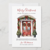水彩赤いフロントドアメリークリスマス シーズンカード (正面)