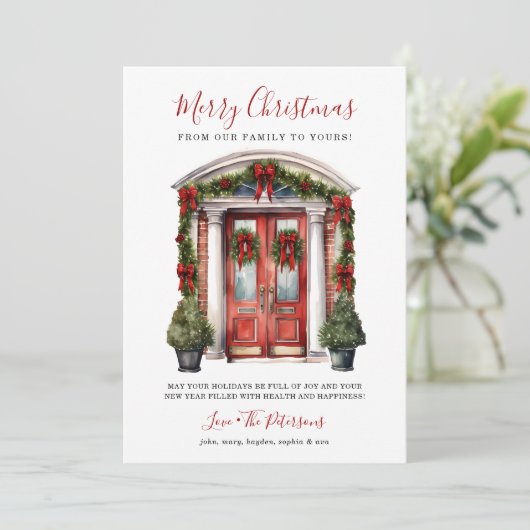 水彩赤いフロントドアメリークリスマス シーズンカード (スタンド正面)