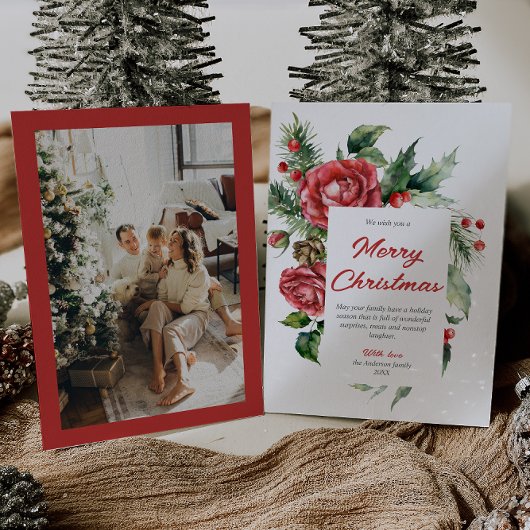 水彩赤いフローラの果実フォトクリスマス シーズンカード