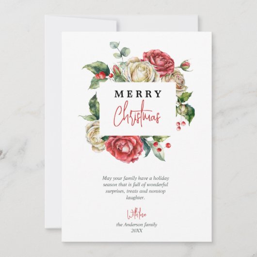 水彩赤いフローラベリーシックなメリークリスマス シーズンカード (正面)