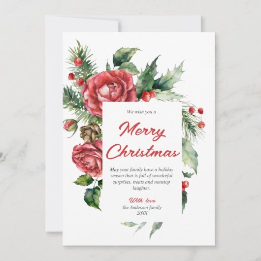 水彩赤いフローラベリーメリークリスマス シーズンカード (正面)