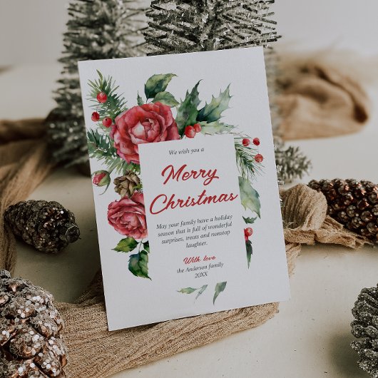 水彩赤いフローラベリーメリークリスマス シーズンカード