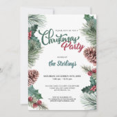 水彩赤いホリーパインクリスマ縁どスパーティー 招待状 (正面)