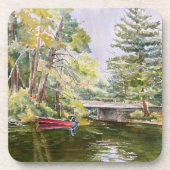 水彩赤いボートマウンテンレイクプラスチックコースター コースター (正面)