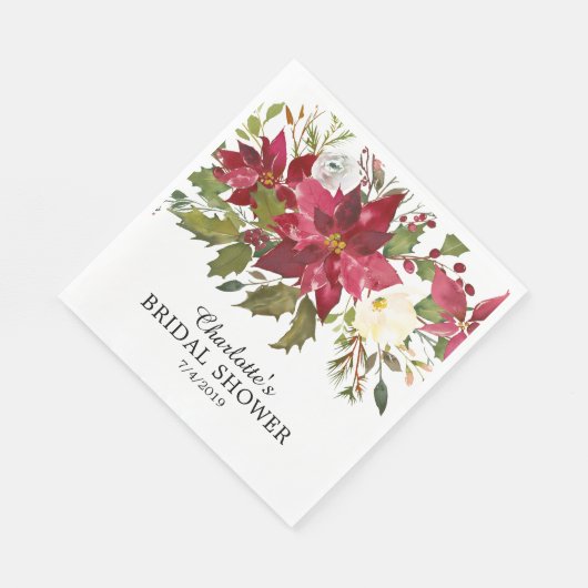 水彩赤いポインセチアとホーリーのウェディングシャワー スタンダードランチョンナプキン (角)