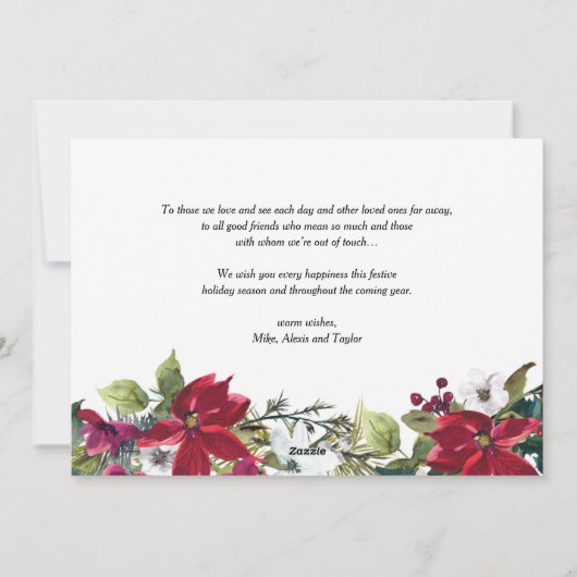 水彩赤いポインセチアとモミの葉写真 シーズンカード (裏面)