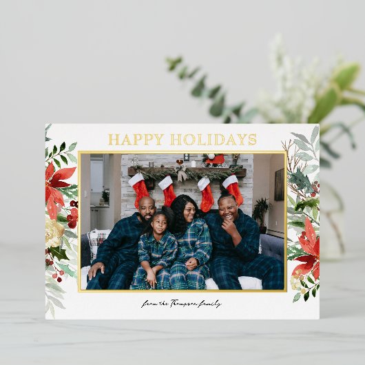 水彩赤いポインセチアの植物写真 箔シーズンカード (立ち正面)