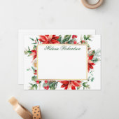 水彩赤いポインセチアの花とゴールドのグリーン ノートカード (正面/裏面インサイチュ)