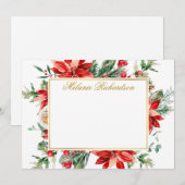 水彩赤いポインセチアの花と緑のゴールド ノートカード (正面/裏面)