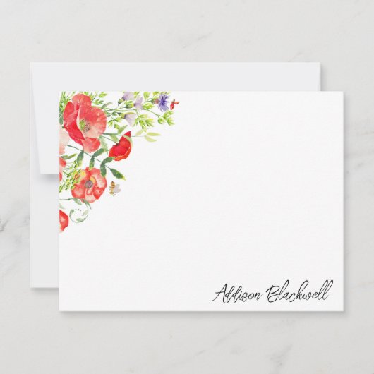 水彩赤いポピーのワイルドフラワーの名パーソナライズされた前 ノートカード (正面)