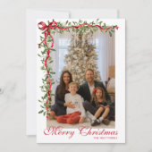 水彩赤いリボンのもみの木のガーランド写真 シーズンカード (正面)