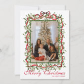 水彩赤いリボンのもみの木のガーランド写真 シーズンカード (正面)
