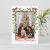 水彩赤いリボンのもみの木のガーランド写真 シーズンカード (スタンド正面)