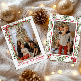 水彩赤いリボンのもみの木のガーランド写真 シーズンカード