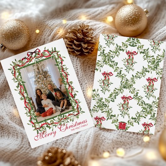 水彩赤いリボンのもみの木のガーランド写真 シーズンカード