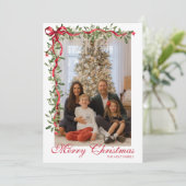 水彩赤いリボンのもみの木のガーランド写真 シーズンカード (スタンド正面)