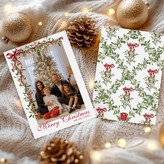 水彩赤いリボンのもみの木の花輪の写真 シーズンカード