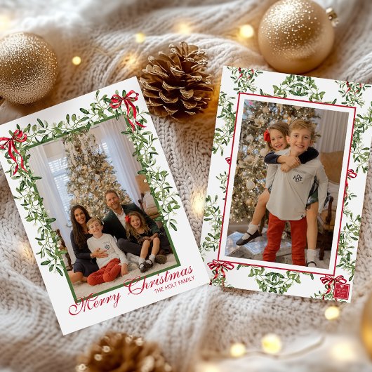 水彩赤いリボンのもみの木ガーランド写真 シーズンカード
