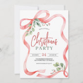 水彩赤いリボン & ホーリーの実 招待状 (正面)