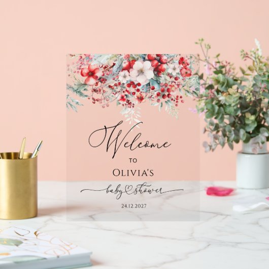 水彩赤い冬のフローラ赤いシャワーへようこそ アクリルサイン (ウェディング)