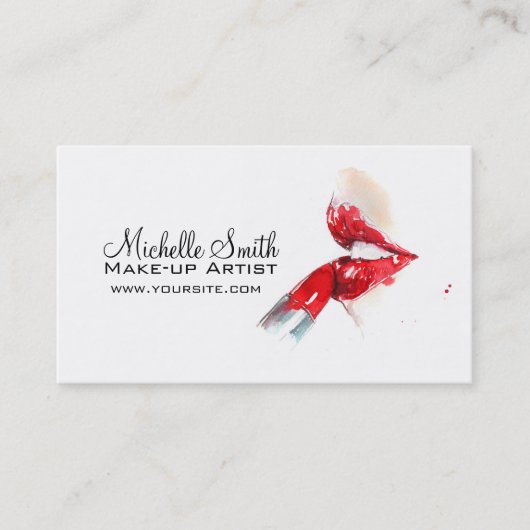 水彩赤い唇と口紅のメイクアップブランディング 名刺 (正面)