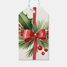 水彩赤い弓と緑のクリスマスギフトラベル