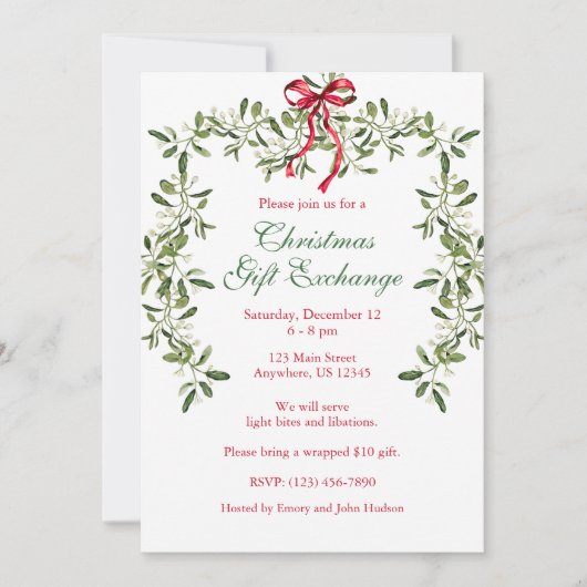 水彩赤い弓ミスタルトーガーランドクリスマス 招待状 (正面)