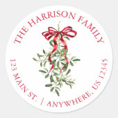 水彩赤い弓ミスタルトークリスマスアドレス ラウンドシール (正面)