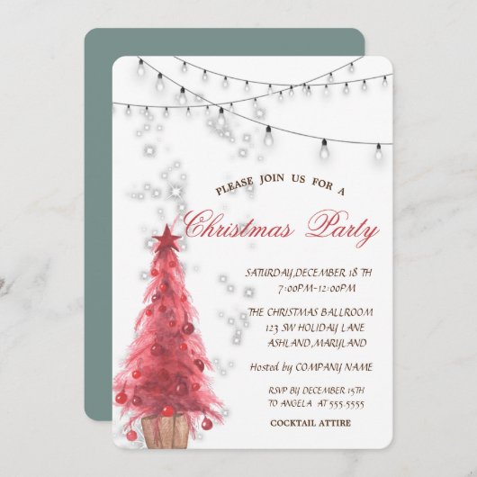 水彩赤い松の木，ライト，クリスマスパーティー 招待状 (正面/裏面)
