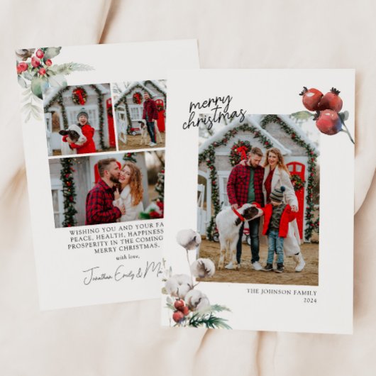 水彩赤い果実と綿花の葉の写真 シーズンカード