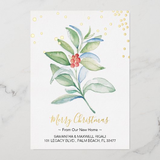 水彩赤い果実と葉のクリスマス 箔シーズンカード (正面)