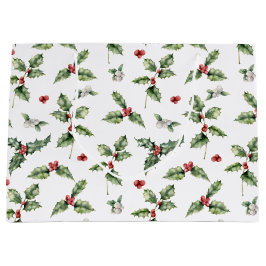 水彩赤い果実、ヤドリギとホリ離れー ラージペーパーバッグ