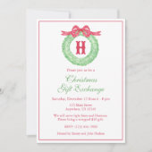 水彩赤い水玉模様の弓のモノグラムの花輪パーティー 招待状 (正面)