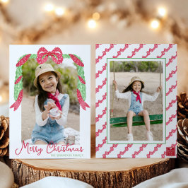 水彩赤い水玉模様ボウスワッグクリスマスフォト シーズンカード