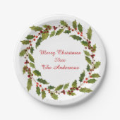 水彩赤い漿果柊のメリークリスマス ペーパープレート (正面)