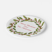 水彩赤い漿果柊のメリークリスマス ペーパープレート (アングル)