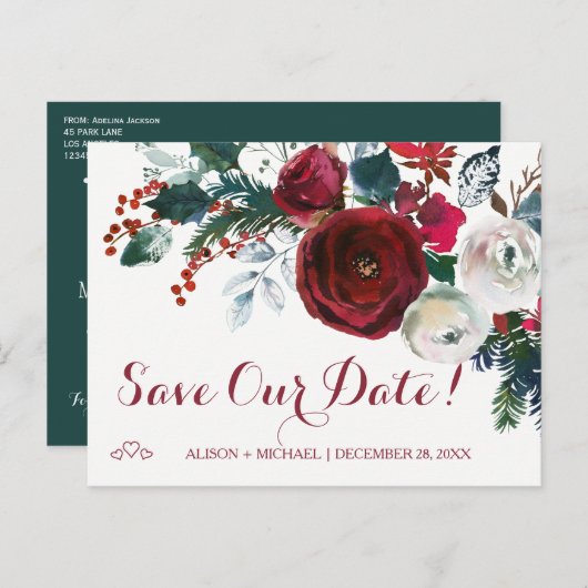 水彩赤い牡丹の冬の結婚式救の日付 案内ポストカード (正面/裏面)