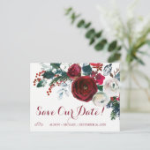 水彩赤い牡丹の冬の結婚式救の日付 案内ポストカード (スタンド正面)