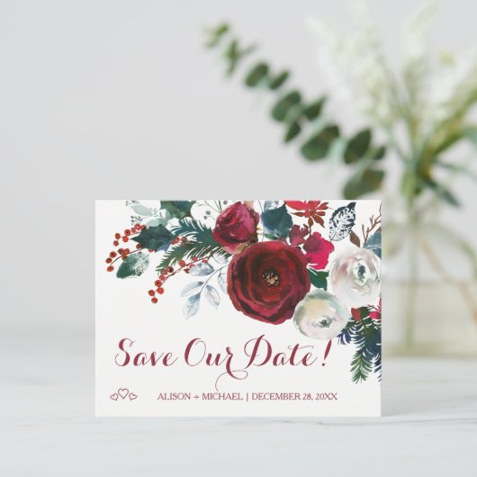 水彩赤い牡丹の冬の結婚式救の日付 案内ポストカード (スタンド正面)