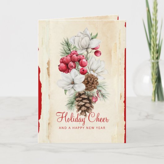 水彩赤い白いフローラパインコーンクリスマス シーズンカード (正面)