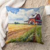 水彩赤い納屋とコーンフィールド クッション (ブランケット)