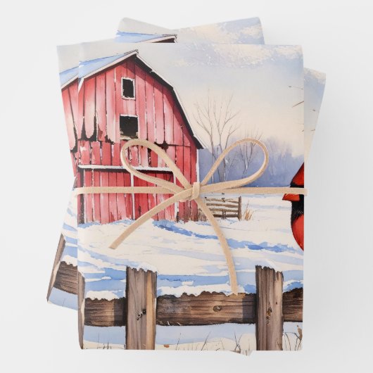 水彩赤い納屋と（鳥）ショウジョウコウカンチョウ冬のデコページ ラッピングペーパーシート (インサイチュ)