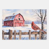 水彩赤い納屋と（鳥）ショウジョウコウカンチョウ冬のデコページ ラッピングペーパーシート (正面)