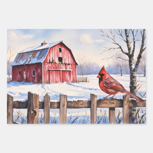 水彩赤い納屋と（鳥）ショウジョウコウカンチョウ冬のデコページ ラッピングペーパーシート (正面)