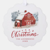 水彩赤い納屋メリークリスマスフォト オーナメントカード (正面)