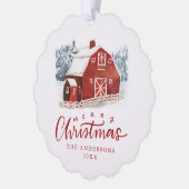 水彩赤い納屋メリークリスマスフォト オーナメントカード (左)