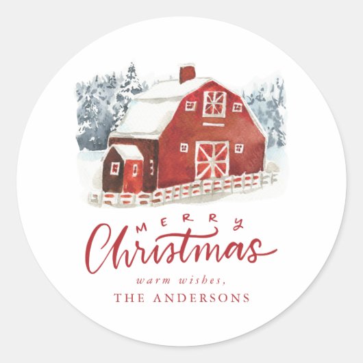 水彩赤い納屋メリークリスマス ラウンドシール (正面)
