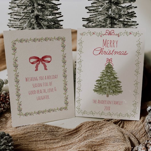 水彩赤い緑のクリスマスボウツリーノンフォト シーズンカード