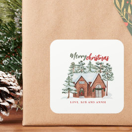 水彩赤い緑の北欧モダンクリスマスツリー スクエアシール