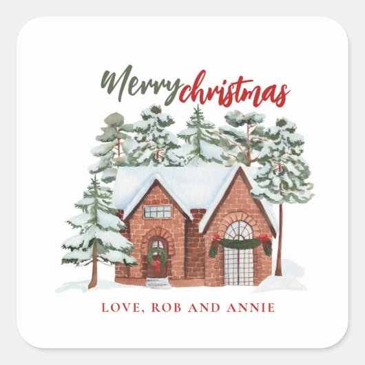 水彩赤い緑の北欧モダンクリスマスツリー スクエアシール (正面)